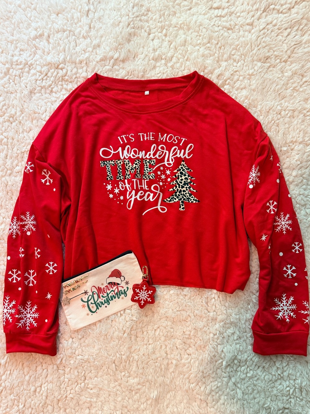 NEW Red Leopard Crop Christmas Sweatshirt Snowflake Charm Pouch Hairpin Set XXL